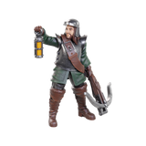 Action figure of a character in medieval or fantasy attire holding a lantern and weapon on a white background