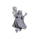 Gray figurine of a character with elaborate armor and staff on a white background