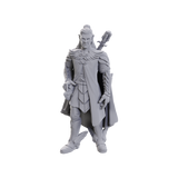 Gray figurine of a warrior with armor and a weapon on a white background