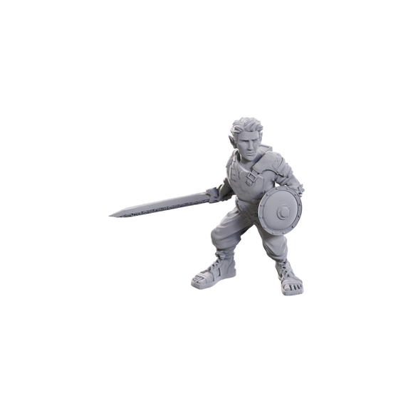 Gray warrior figurine with a sword and shield on a white background