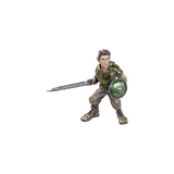 Figure of a warrior holding a sword and shield on a white background