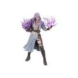 Fantasy character with purple hair and glowing purple crystals on a white background
