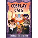 Front cover of a book or card deck package titled "COSPLAY CATS" with illustrated cat characters in costumes and the text "TAROT DECK AND GUIDEBOOK" at the bottom.
