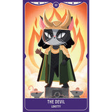 A stylized tarot card illustration featuring a cat-like character with horns and a dark robe, labeled 'THE DEVIL' and 'LOKITTY' on a purple-bordered card with orange flames in the background.