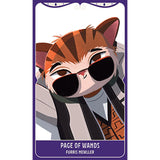 Cartoon cat character with sunglasses on a card labeled 'Page of Wands' by Furris Mewller.