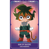 Cartoon character with cat-like features on a card with purple border