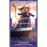 Card featuring two cats on a boat with a purple border and text at the bottom.