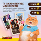 Cat-themed board game with cards and a cat wearing a shirt, featuring famous cats from around the world.