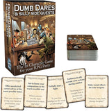 Card game packaging for 'Dumb Dares & Silly Side Quests' with cards displayed.