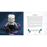 Crocheted character with white hair and black outfit on a blue background, next to text on a white background.