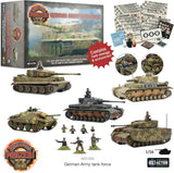 Collection of German Army tank models and accessories with packaging on a white background