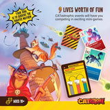 Card game packaging with cartoon characters and game cards, featuring text about '9 Lives Worth of Fun' and 'CATastrophic' theme.