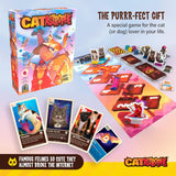 Board game packaging and components titled 'Catastrophe' with cards and game pieces on a colorful background.