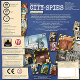 Card game expansion pack for 'City of Spies' with game components and branding.