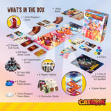 Catastrophe board game components including cards, tokens, and box on a gradient background