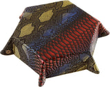 Colorful snake skin patterned clutch bag on a white background