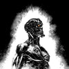 Stylized black and white robot with a glowing eye against a dark background