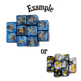 Two sets of dice with blue and gray marbled pattern and yellow numbers, and black and white pattern with yellow dots on a white background.