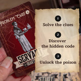 Card game component with text 'Problem Card' and instructions on solving clues and unlocking poison.