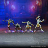 Four fantasy miniatures on stands with a mystical background