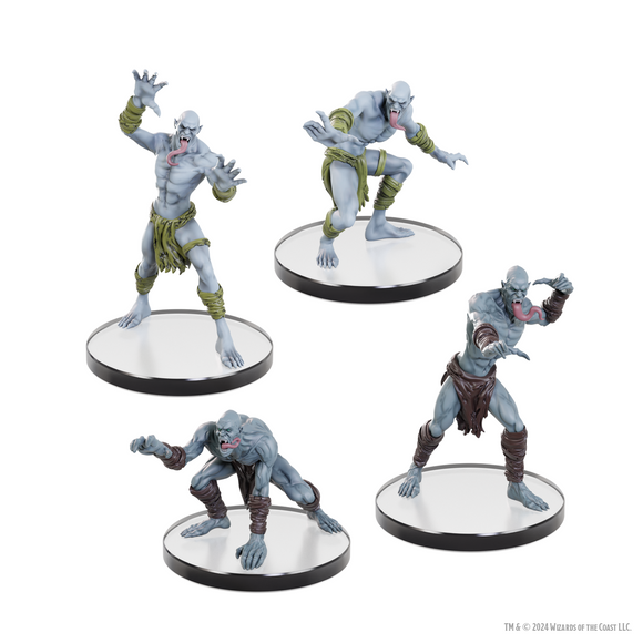 Four fantasy figurines on reflective stands against a white background