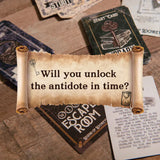 Escaperoom game cards with a scroll reading 'Will you unlock the antidote in time?' on a wooden surface.