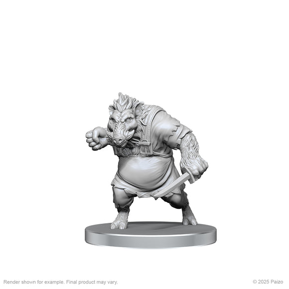 Unpainted fantasy figurine of a muscular creature with armor on a white background