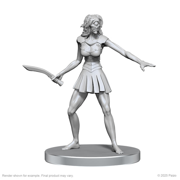 Unpainted miniature figure of a character holding a sword on a white background