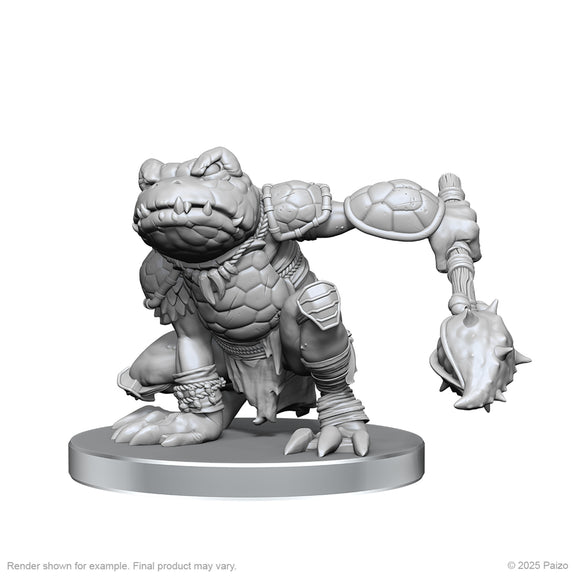 Unpainted fantasy figurine of a creature with armor and weapon on a white background
