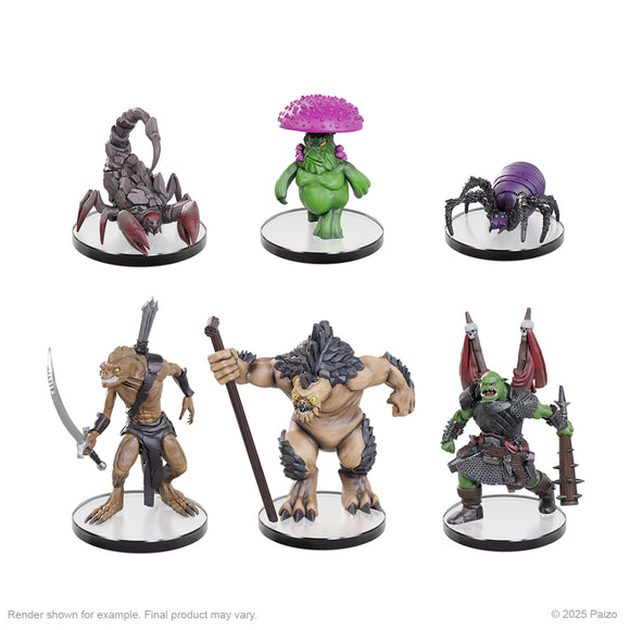 Set of six fantasy figurines on white stands with a white background