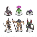 Set of six fantasy figurines on white stands with a white background