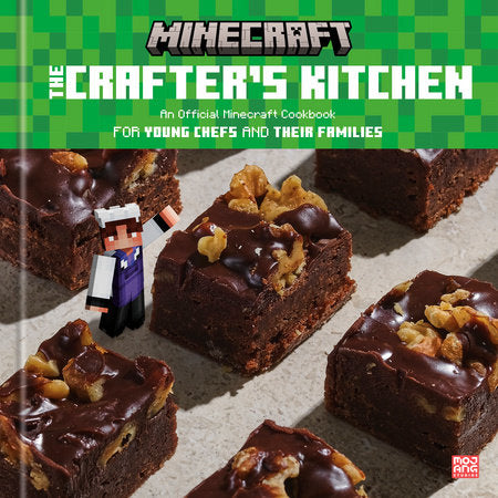 Book cover of 'The Crafter's Kitchen' with Minecraft-themed brownies and character.