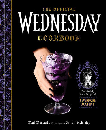 Book cover of 'The Official Wednesday Cookbook' with a hand holding a purple dessert.