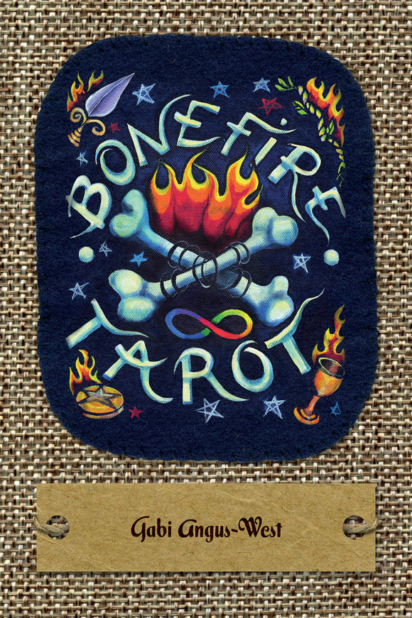 Book cover of 'Bonfire Tarot' by Gabi Angus-West with a fiery design and blue background.
