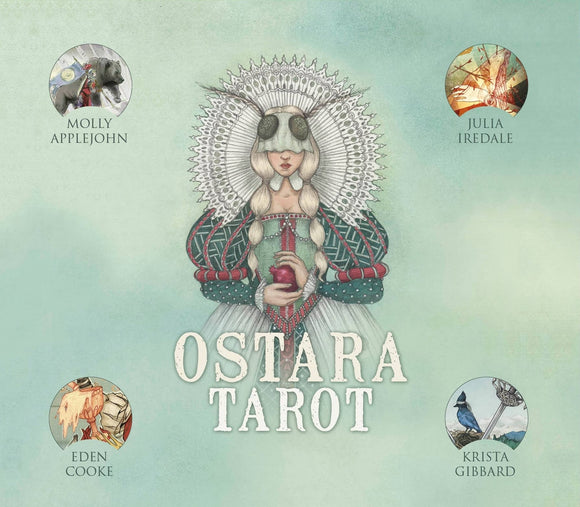 Cover of 'Ostara Tarot' with illustrations of four tarot cards and authors' names on a light green background.