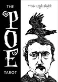 Book cover of 'The Poe Tarot' by Trisha Leigh Shufelt with a black and white illustration of Edgar Allan Poe and a raven.