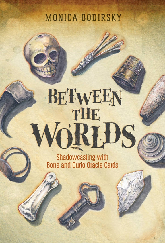 Book cover of 'Between the Worlds' by Monica Bodirsky with illustrations of bones and oracle cards.