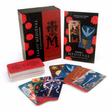 Medieval Tarot cards with box and cards displayed on a white background