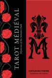 Book cover of 'Tarot Médiéval' with red roses and a black 'M' on a red background