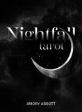 Book cover of 'Nightfall Tarot' by Amory Abbott with a crescent moon and star design on a dark background.