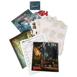Dungeons & Dragons game components including books, maps, and dice on a white background