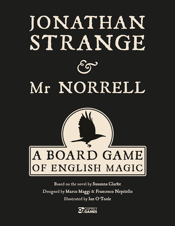 Cover of 'Jonathan Strange & Mr Norrell' board game with black background and white text.