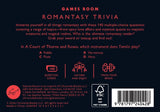 Romantasy trivia game packaging with text and branding on a black background