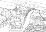 Black and white illustration of a steam train on tracks with a scenic background