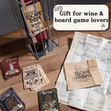 Board game components including cards and a box on a wooden surface with text 'Gift for wine & board game lovers'.