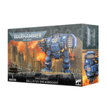 Boxed game miniature of Space Marines Ballistas Dreadnought from Warhammer 40,000 on a white background
