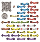 Collection of colorful labels with various text on a white background