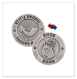 Two metallic coins with symbols and text on a white background