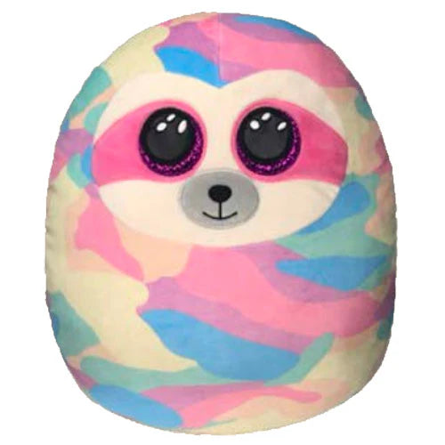 Colorful sloth-shaped plush toy on a white background
