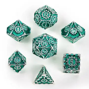 Hymgho Dice: Solid Metal Cogcraft Polyhedral Dice Time Machine Set Silver and Green - 7D